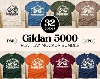 32X Gildan 5000 Flat Lay Unfolded T-shirt Mockup Bundle | G500 Shirt Mock-Up | Oversized Shirt Flat Lay Tee | Set for Canva, Photoshop