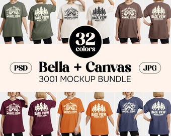 32X Bella Canvas 3001 Oversized T-Shirt Mockup Bundle 32 Farben | BC 3001 Front & Rückseite An Modell | Minimal Dual View hellem Hintergrund Mock