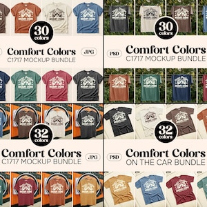 May include: A mockup bundle featuring various t-shirt designs in multiple colors. The image showcases a variety of t-shirts with different colors and designs, including the text "Your Design MOCKUPS STUDIO". The text "Comfort Colors C1717 MOCKUP BUNDLE" is also visible.