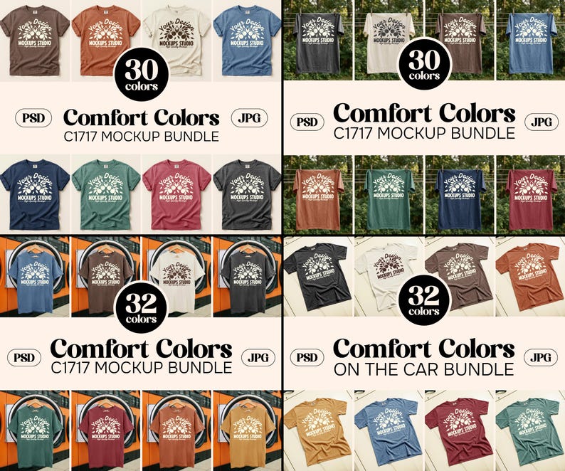 May include: A mockup bundle featuring various t-shirt designs in multiple colors. The image showcases a variety of t-shirts with different colors and designs, including the text "Your Design MOCKUPS STUDIO". The text "Comfort Colors C1717 MOCKUP BUNDLE" is also visible.