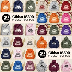 May include: A collection of Gildan 18500 hoodie mockups in various colors, including orange, navy, and pink. Each hoodie features the text "YOUR DESIGN HERE" and "MOCKUPS STUDIO". The image also includes a "30 colors" and "MOCKUP BUNDLE" text.