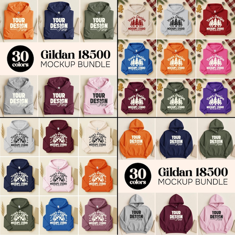 May include: A collection of Gildan 18500 hoodie mockups in various colors, including orange, navy, and pink. Each hoodie features the text "YOUR DESIGN HERE" and "MOCKUPS STUDIO". The image also includes a "30 colors" and "MOCKUP BUNDLE" text.