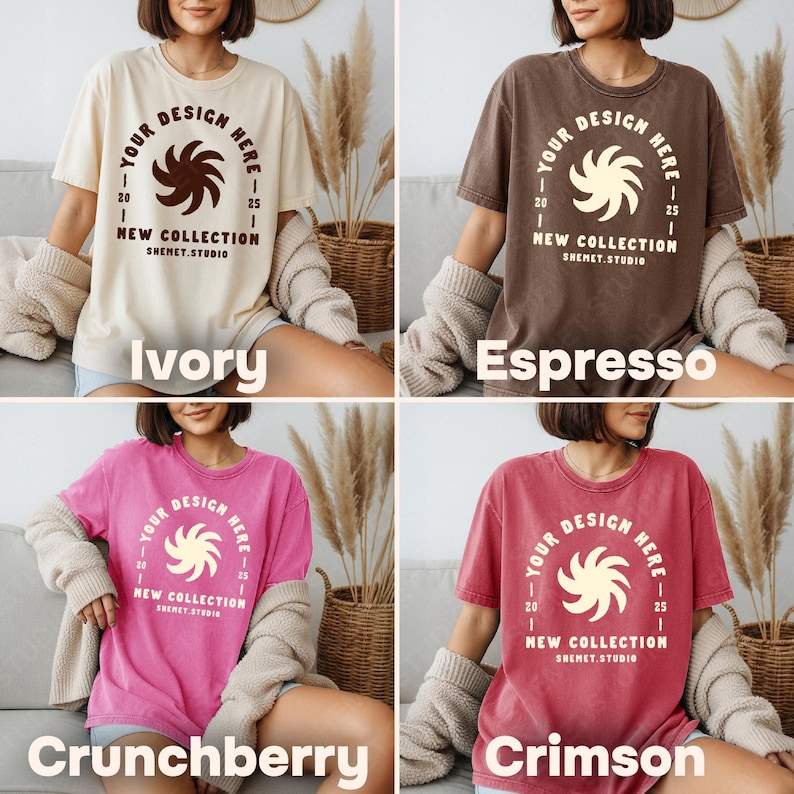 May include: Four t-shirts in ivory, espresso, crunchberry, and crimson. Each shirt has a circular design with the text "YOUR DESIGN HERE" and "NEW COLLECTION SHEMET.STUDIO". The shirts are short-sleeved and appear to be made of a soft material.