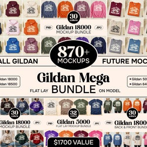 Paquete de maquetas con acceso de por vida a Gildan / Paquete de maquetas Gildan 5000, Gildan 64000, Gildan 18000, Gildan 18500 / Megaconjunto de maquetas planas