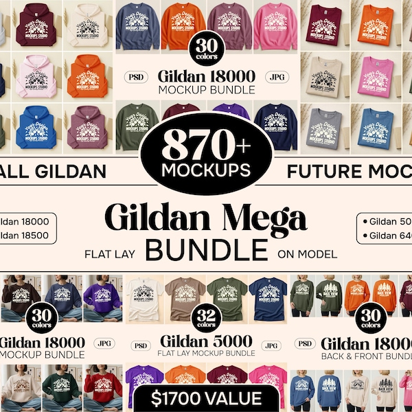 Gildan Lifetime Access Mockup Bundle | Gildan 5000, Gildan 64000, Gildan 18000, Gildan 18500 Mockup Bundle | Flat Lay Mock Up Mega Set