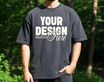 Pepper Men Comfort Colors 1717 T-Shirt Mockup, Forest Picnic Lifestyle CC1717 Oversized Tee PSD JPEG Male Model Mock for Canva