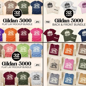 May include: A mockup bundle of Gildan 5000 t-shirts in various colors, including flat lay and back & front views. The image displays 32 different colors of t-shirts, with the text "Your Design Mockups Studio" printed on the front.