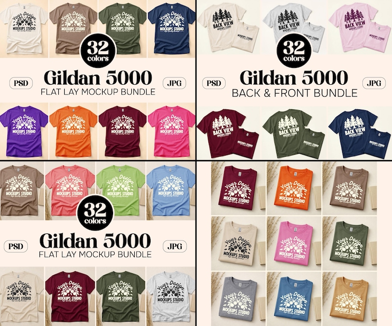 May include: A mockup bundle of Gildan 5000 t-shirts in various colors, including flat lay and back & front views. The image displays 32 different colors of t-shirts, with the text "Your Design Mockups Studio" printed on the front.
