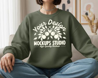 Military Green Gildan 18000 Sweatshirt Mockup | G180 Sweatshirt Mock-up | Boho Lifestyle on Model | Trendy Boho Mockups