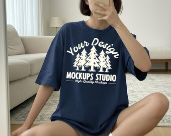 Navy Comfort Colors 1717 T-Shirt Mockup, Oversized Shirt On Model Boho, Garment-Dyed Tee Mockups, C1717 for Canva & Photoshop