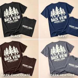 May include: Four t-shirts in different colors: black, navy, dark chocolate, and dark heather. Each shirt has a white graphic of pine trees and the text "BACK VIEW" and "MOCKUPS STUDIO". Each shirt is paired with a smaller matching shirt.