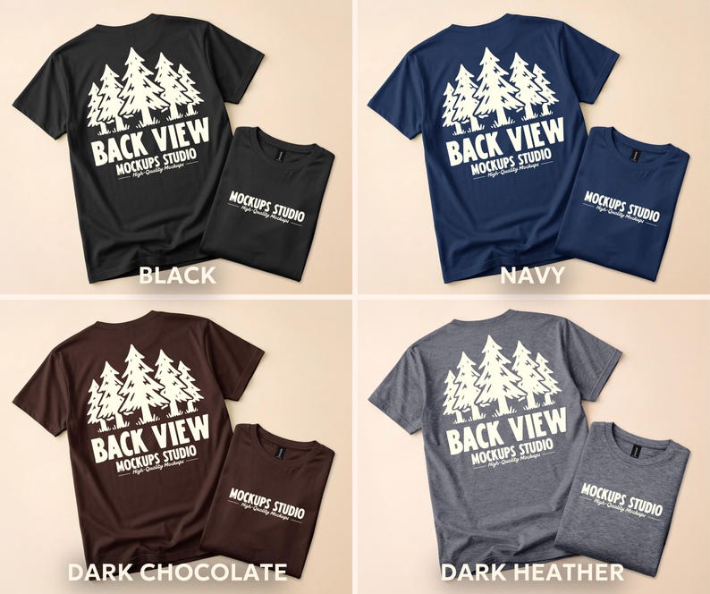May include: Four t-shirts in different colors: black, navy, dark chocolate, and dark heather. Each shirt has a white graphic of pine trees and the text "BACK VIEW" and "MOCKUPS STUDIO". Each shirt is paired with a smaller matching shirt.
