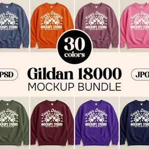 May include: A mockup bundle featuring Gildan 18000 sweatshirts in various colors, including blue, orange, and pink. Each sweatshirt displays a white logo with the text "Your Design" and "MOCKUPS STUDIO". The image also includes the text "30 colors", "PSD", and "JPG".