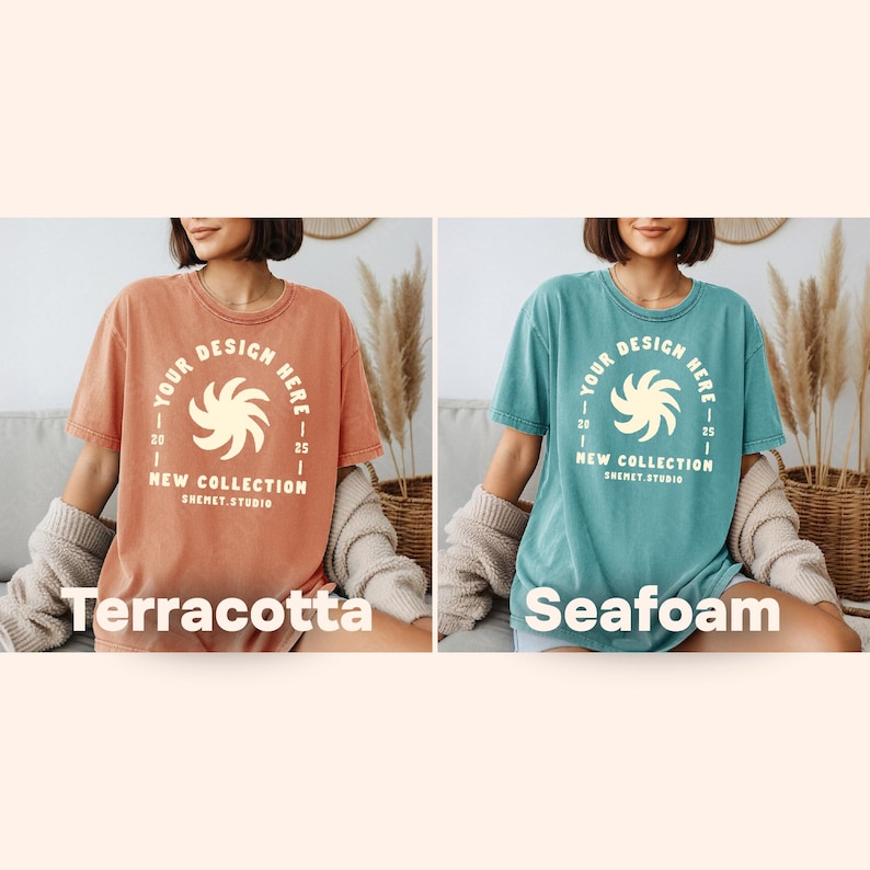May include: Two short-sleeved t-shirts, one terracotta and one seafoam, each with a circular design that reads "YOUR DESIGN HERE" and "NEW COLLECTION SHEMET.STUDIO". The terracotta shirt is on the left, and the seafoam shirt is on the right.