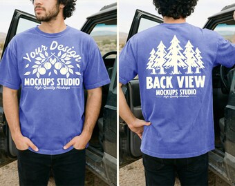 Flo Blue Comfort Colors C1717 Front & Back Men T-Shirt Mockup | CC 1717 T-Shirt Mock-up | Outdoor Dual View Lifestyle Car PSD JPEG