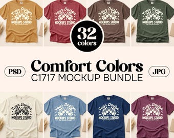 32X Comfort Colors C1717 Tshirt Flat Lay Mockup Bundle | CC 1717 Boho Unfolded T-shirt Mock-up Bundle | Simple Minimal Basic Background