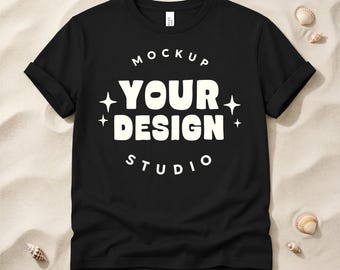 Black Bella Canvas 3001 Unfolded T-shirt Mockup | BC3001 Sand Beach Flat Lay Shirt Mock-Up | Oversized Summer Tee | PSD JPG