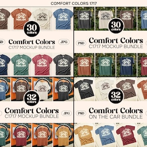 May include: A mockup bundle of Comfort Colors C1717 t-shirts in various colors, including brown, blue, and green. The image displays multiple t-shirts with the text "Your Design Mockups Studio" and the text "Comfort Colors 1717".