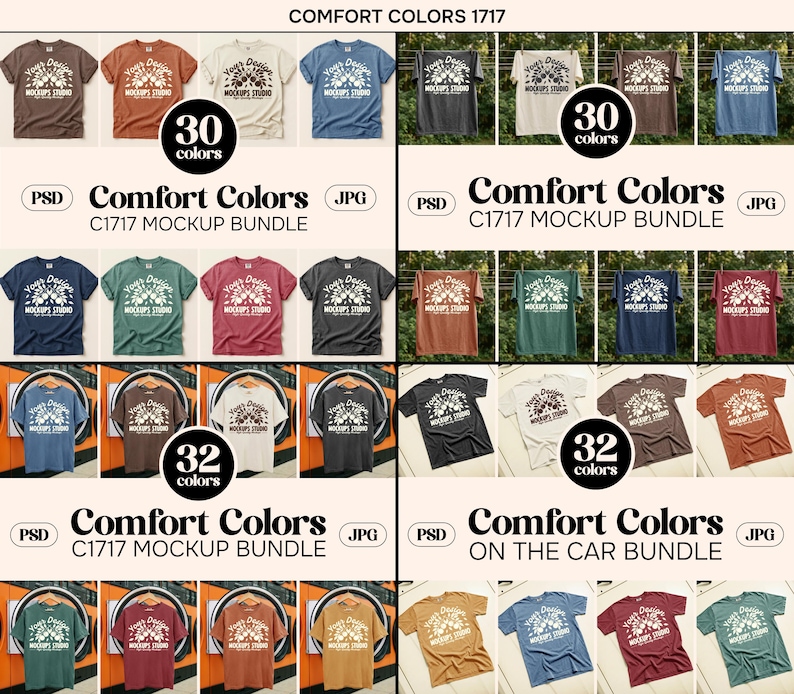 May include: A mockup bundle of Comfort Colors C1717 t-shirts in various colors, including brown, blue, and green. The image displays multiple t-shirts with the text "Your Design Mockups Studio" and the text "Comfort Colors 1717".