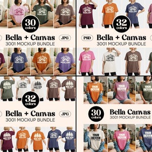 May include: A mockup bundle featuring various t-shirt designs in multiple colors. The image showcases different shirt styles, including crew neck and short sleeve tees, with the text "Your Design" and "Back View" visible. The bundle includes 30 and 32 color options.