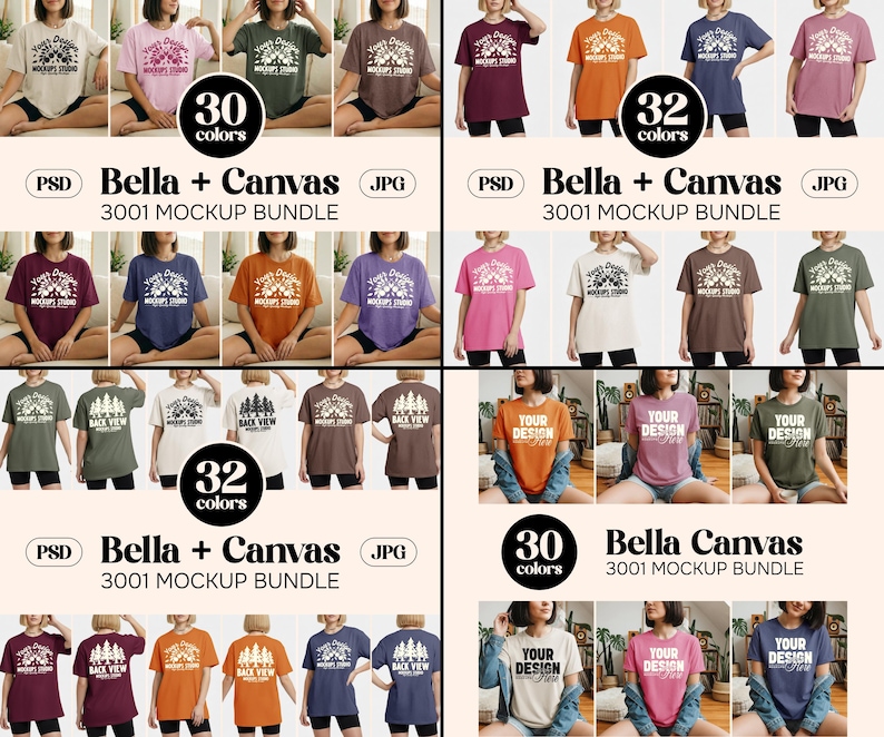 May include: A mockup bundle featuring various t-shirt designs in multiple colors. The image showcases different shirt styles, including crew neck and short sleeve tees, with the text "Your Design" and "Back View" visible. The bundle includes 30 and 32 color options.