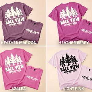 May include: Four t-shirts in various colors: heather maroon, heather berry, azalea, and light pink. Each shirt features a tree graphic and the text "BACK VIEW MOCKUPS STUDIO".