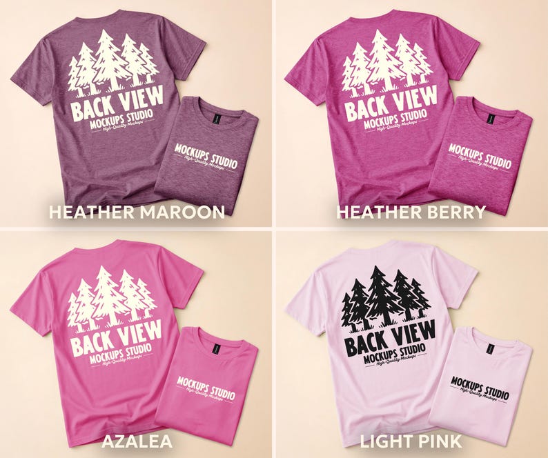 May include: Four t-shirts in various colors: heather maroon, heather berry, azalea, and light pink. Each shirt features a tree graphic and the text "BACK VIEW MOCKUPS STUDIO".