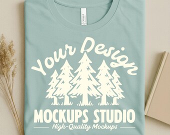 Dusty Blue Bella Canvas 3001 Folded T-shirt Mockup | BC3001 Flat Lay Shirt Mock-Up | Oversized Shirt Flat Lay Tee | Set for Canva, Photoshop