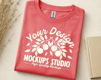 Coral Silk Gildan 5000 platliggend gevouwen T-shirtmodel | G500-shirtmodel | Oversized overhemd platliggend T-shirt | Canvas, Photoshop