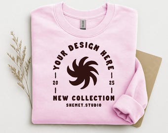 Maqueta de sudadera rosa claro Gildan 18000 de diseño plano / Maqueta de cuello redondo G180 de diseño plano / Descarga digital PSD JPEG para POD / Maqueta de Canva