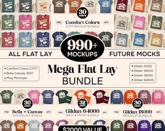 Lifetime Access Flat Lay Mockup Bundle Pass | Mega Folded/Unfolded Flat Lay Bundle | Comfort Colors, Gildan, Bella Canvas Mockups