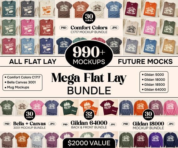 Lifetime Access Flat Lay Mockup Bundle Pass | Mega Folded/Unfolded Flat Lay Bundle | Comfort Colors, Gildan, Bella Canvas Mockups