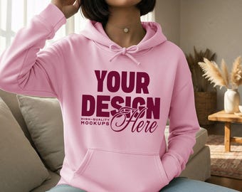 Maqueta de sudadera con capucha rosa claro Gildan 18500, maqueta de sudadera con capucha bohemia G185, sudadera con capucha extragrande PSD JPEG para Canva