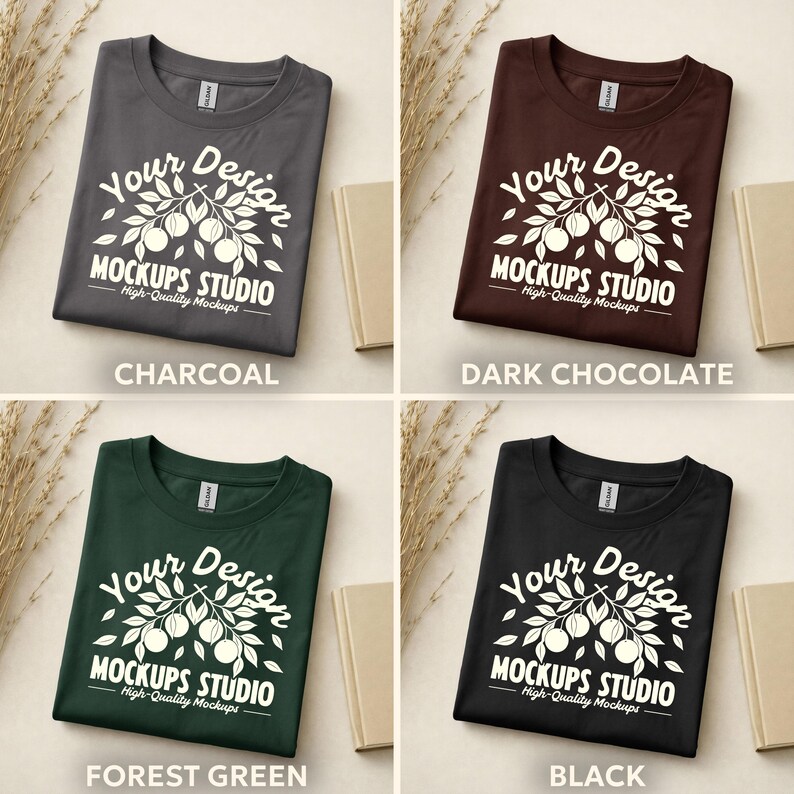 May include: Four folded t-shirts in charcoal, dark chocolate, forest green, and black. Each shirt features a white graphic with the text "Your Design MOCKUPS STUDIO High-Quality Mockups".