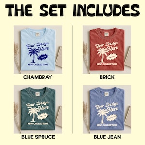 K&ouml;nnte beinhalten: Ein Set aus vier T-Shirts in den Farben Chambray, Brick, Blue Spruce und Blue Jean. Jedes Shirt hat ein Palmen-Design mit dem Text "Your Design Here" und "New Collection!"