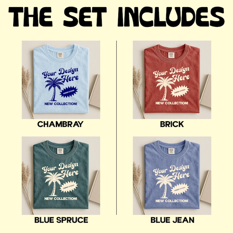 K&ouml;nnte beinhalten: Ein Set aus vier T-Shirts in den Farben Chambray, Brick, Blue Spruce und Blue Jean. Jedes Shirt hat ein Palmen-Design mit dem Text "Your Design Here" und "New Collection!"