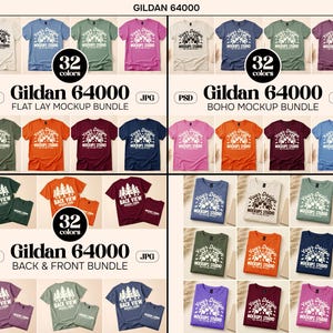 May include: A collection of Gildan 64000 t-shirt mockups in various colors, including white, blue, green, and pink. The image displays flat lay, boho, and back & front bundles, each showcasing 32 colors. The shirts feature the text "Your Design Mockups Studio" and "Back View".