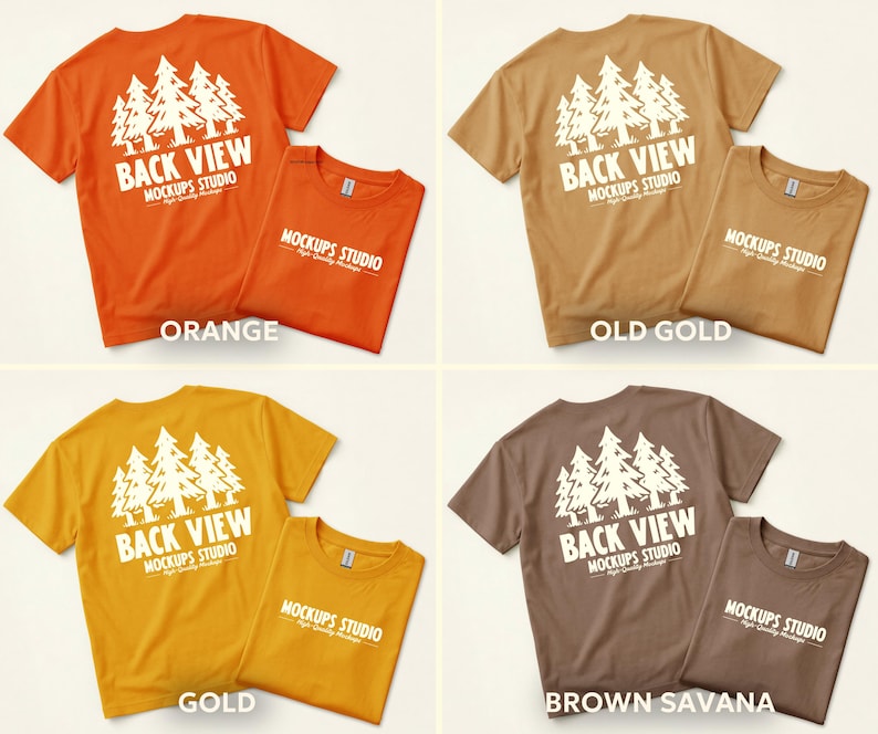 Peut inclure: Quatre t-shirts de couleurs diff&eacute;rentes : orange, or vieilli, or et marron savane. Chaque t-shirt porte un motif d'arbres blancs et le texte "BACK VIEW MOCKUPS STUDIO" au dos et "MOCKUPS STUDIO" &agrave; l'avant.
