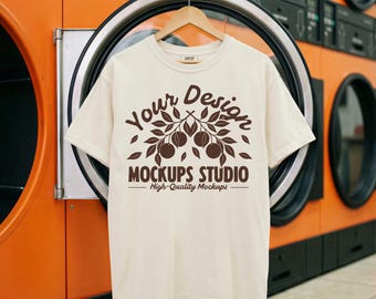 Ivory Comfort Colors C1717 Tshirt Mockup | CC 1717 T-Shirt Unfolded Mock-up | Simple Laundromat Lifestyle Background