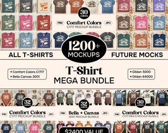 T-Shirt Lifetime Access Mockup Bundle | Comfort Colors 1717, Bella Canvas 3001, Gildan 5000, Gildan 64000 Mockup Bundle | Mock Up Mega Set