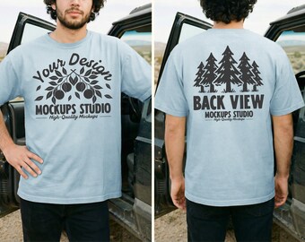 Chambray Comfort Colors C1717 Front & Back Men T-Shirt Mockup | CC 1717 T-Shirt Mock-up | Outdoor Dual View Lifestyle Car PSD JPEG