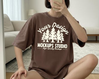 Espresso Comfort Colors 1717 T-Shirt Mockup, Oversized Shirt On Model Boho, Garment-Dyed Tee Mockups, C1717 for Canva & Photoshop