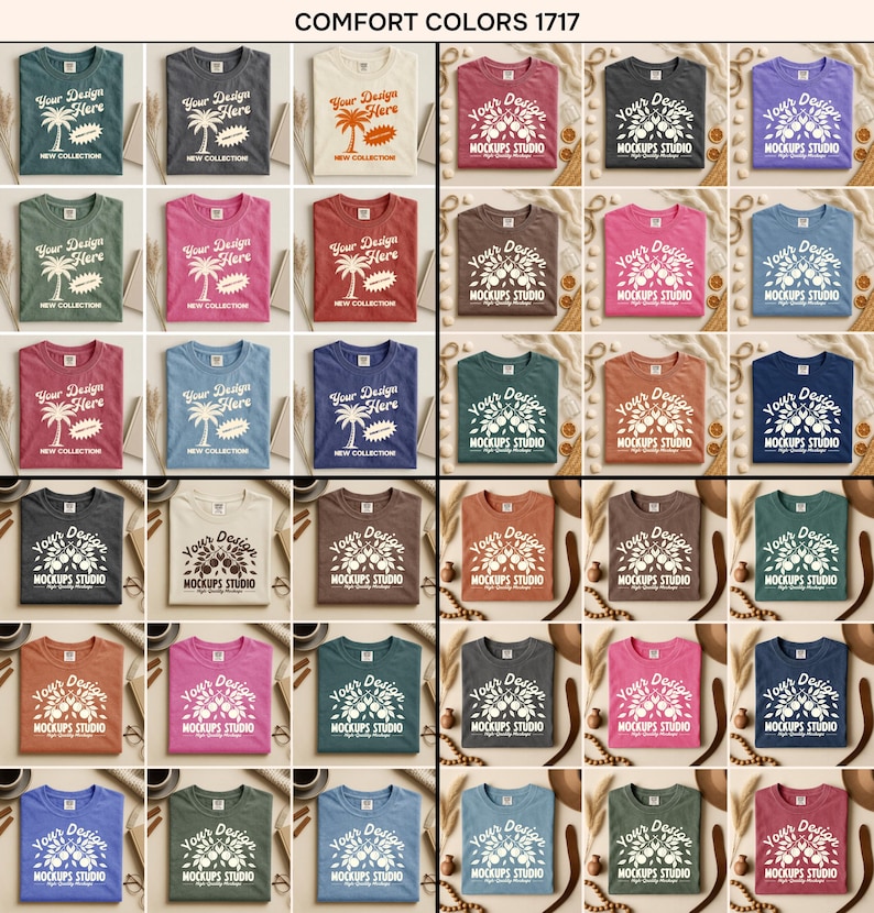 May include: A grid of various colored t-shirts with different designs. The shirts feature text like "Your Design Here" and "Mockups Studio." The color palette includes shades of blue, green, pink, and neutral tones. The text "COMFORT COLORS 1717" is at the top.