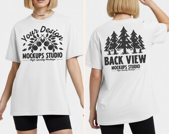 White Bella Canvas 3001 Oversized T-Shirt Mockup | BC 3001 Front & Back On Model | Minimal Dual View Light Background Mock
