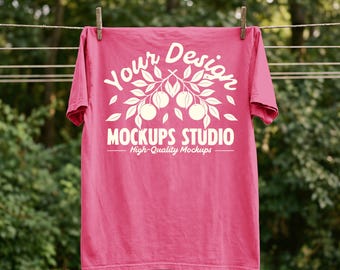 Crunchberry Comfort Colors C1717 Tshirt Mockup | CC 1717 T-Shirt Unfolded Mock-up | Hanging Dry Solid Background | PSD JPG