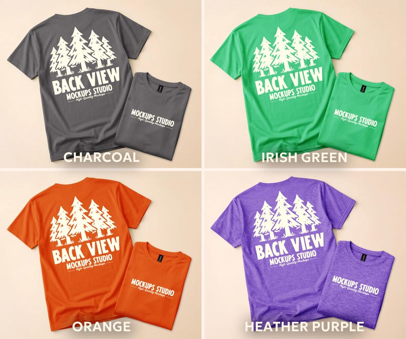 May include: Four t-shirts in different colors: charcoal, Irish green, orange, and heather purple. Each shirt has a white graphic of trees and the text "BACK VIEW" and "MOCKUPS STUDIO". Each shirt is paired with a smaller folded shirt of the same color.