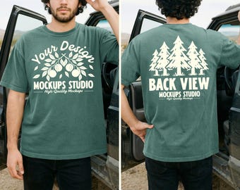 Light Green Comfort Colors C1717 Front & Back Men T-Shirt Mockup | CC 1717 T-Shirt Mock-up | Outdoor Dual View Lifestyle Car PSD JPEG