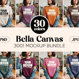 Pacote de mockups de camiseta Bella Canvas 3001 30 cores, camiseta BC 3001 Boho Home Lifestyle em PSD JPEG para Canva