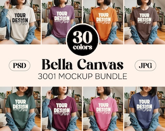 30X Bella Canvas 3001 T-Shirt Mockup Bundle 30 Colors, BC 3001 TShirt Boho Home Lifestyle on Model PSD JPEG for Canva
