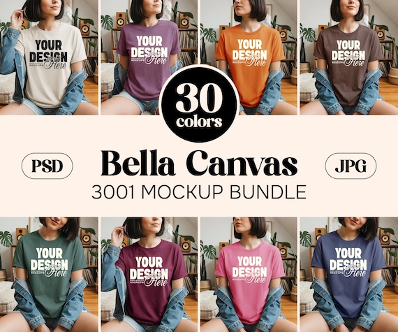 30X Bella Canvas 3001 T-Shirt Mockup Bundle 30 Colors, BC 3001 TShirt Boho Home Lifestyle on Model PSD JPEG for Canva